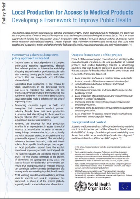 Local production for access to medical products: Developing a framework to improve public health (Policy Brief)