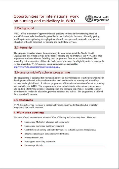 Opportunities for international work on nursing and midwifery in WHO