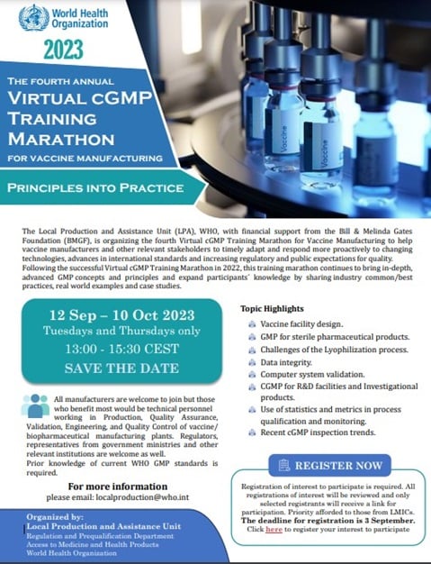 Flyer: Virtual cGMP Training Marathon for Vaccine Manufacturing, 2023