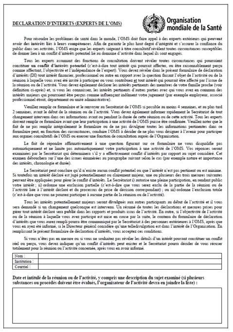 Déclaration d'intérêts (experts de l'OMS)