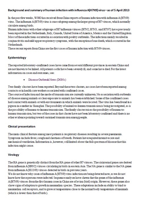 Background and summary of human infection with avian influenza A(H7N9) virus