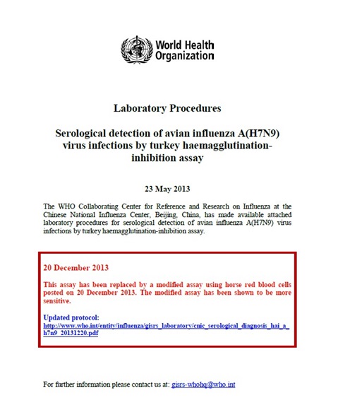 Serological detection of avian influenza A(H7N9) virus infections by turkey haemagglutination inhibition assay