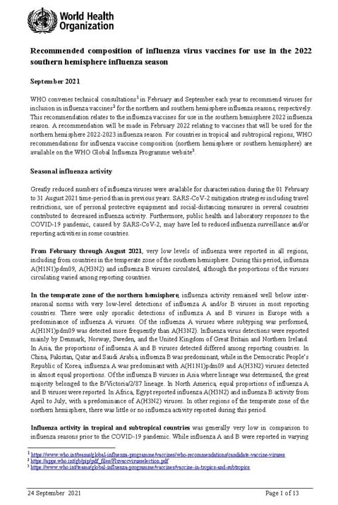 Recommended composition of influenza virus vaccines for use in the 2024 southern hemisphere influenza season