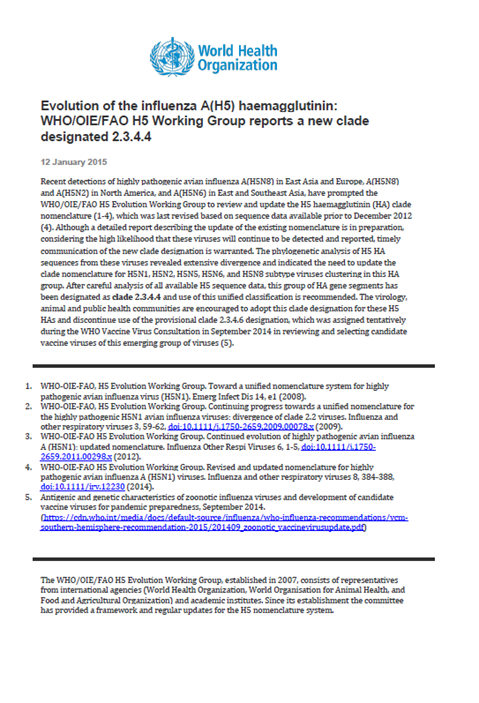 Evolution of the influenza A(H5) haemagglutinin: WHO/OIE/FAO H5 Working Group reports a new clade designated 2.3.4.4