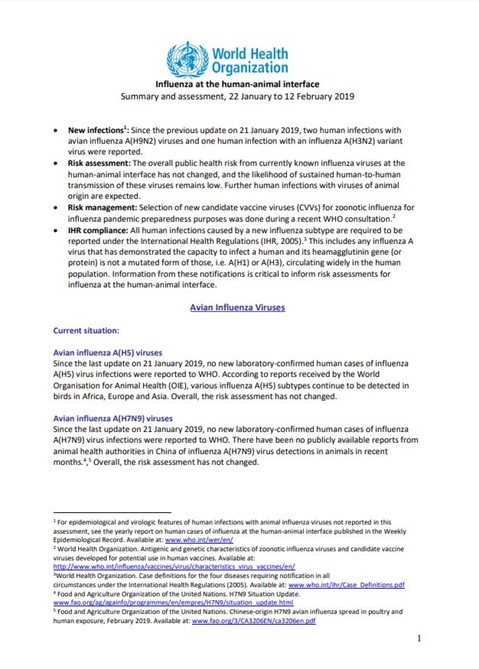 Influenza at the human-animal interface summary and assessment, 12 February 2019