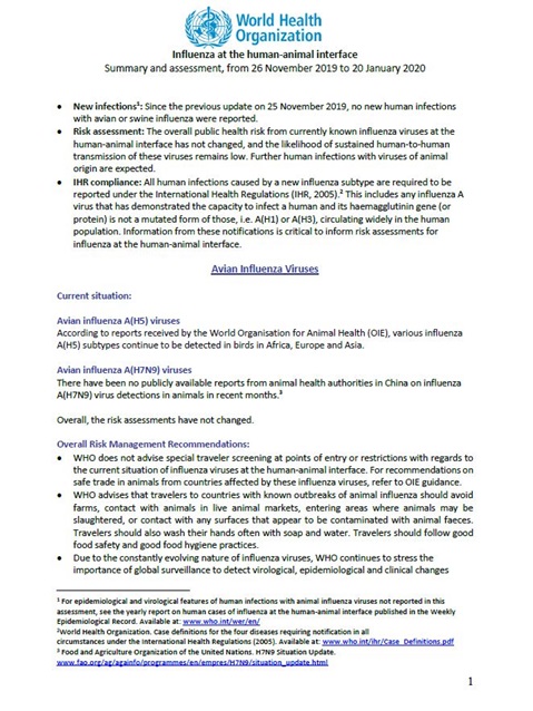 Influenza at the human-animal interface summary and assessment, 20 January 2020