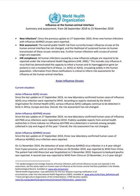 Influenza at the human-animal interface summary and assessment, 25 November 2019