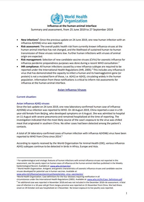 Influenza at the human-animal interface summary and assessment, 27 September 2019