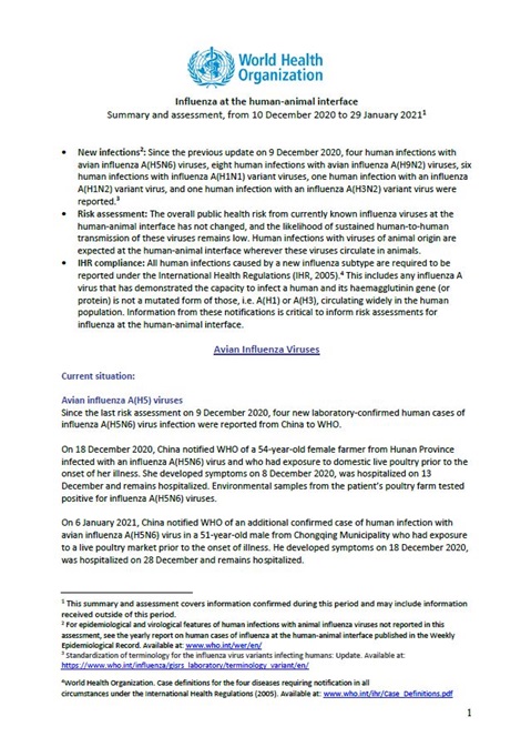 Influenza at the human-animal interface summary and assessment, 29 January 2021