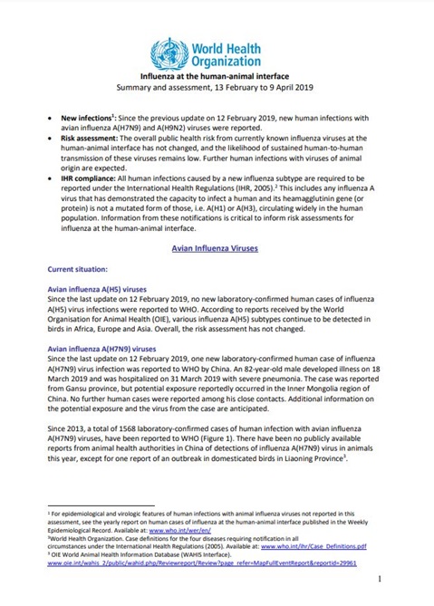 Influenza at the human-animal interface summary and assessment, 9 April 2019