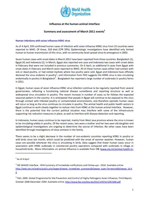 Influenza at the human-animal interface summary and assessment, 7 April 2011