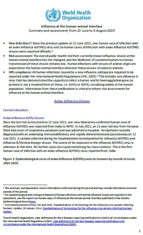 Influenza at the human-animal interface summary and assessment, 8 August 2021