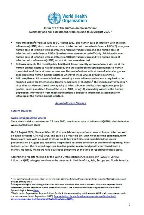 Influenza at the human-animal interface summary and assessment, 30 August 2022