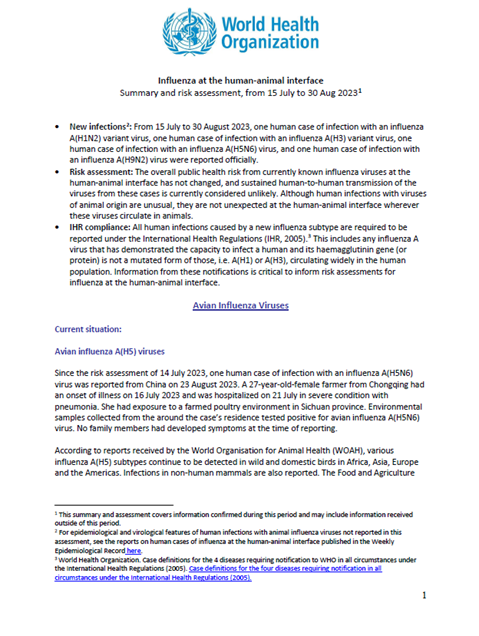 Influenza at the human-animal interface summary and assessment, 30 August 2023