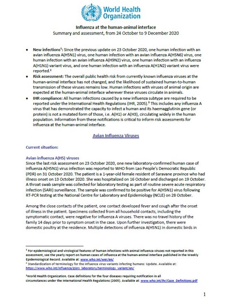 Influenza at the human-animal interface summary and assessment, 9 December 2020