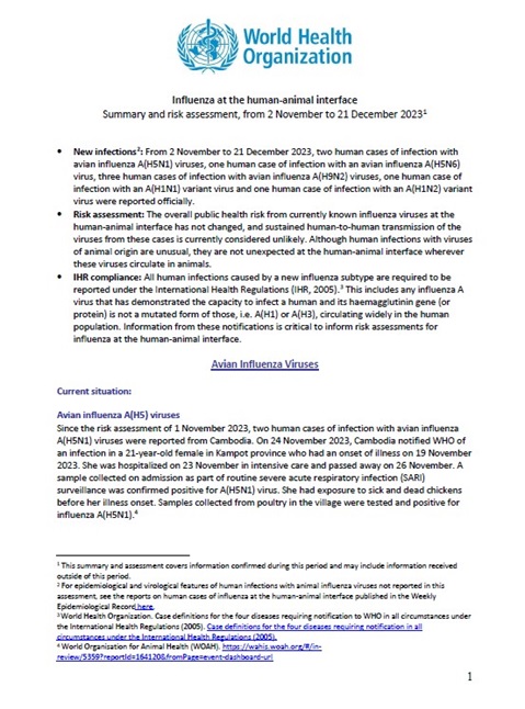 Influenza at the human-animal interface summary and assessment, 21 December 2023