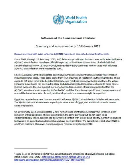 Influenza at the human-animal interface summary and assessment, 15 February 2013