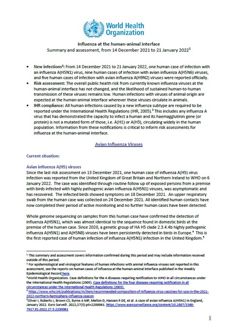 Influenza at the human-animal interface summary and assessment, 21 January 2022