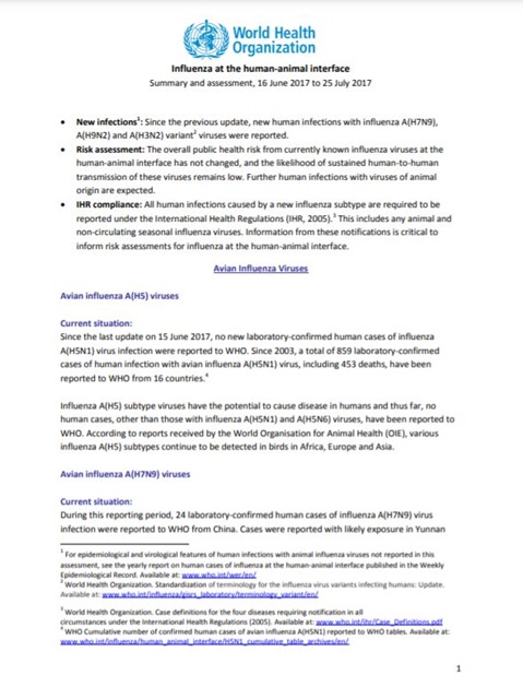 Influenza at the human-animal interface summary and assessment, 25 July 2017