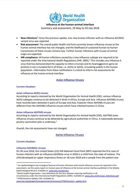 Influenza at the human-animal interface summary and assessment, 20 July 2018