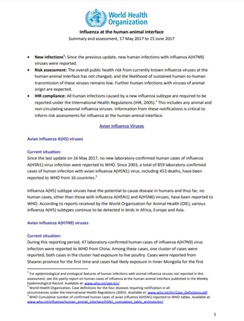 Influenza at the human-animal interface summary and assessment, 15 June 2017