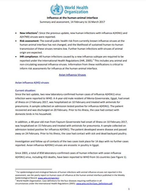 Influenza at the human-animal interface summary and assessment, 16 March 2017