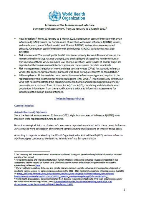 Influenza at the human-animal interface summary and assessment, 1 March 2022
