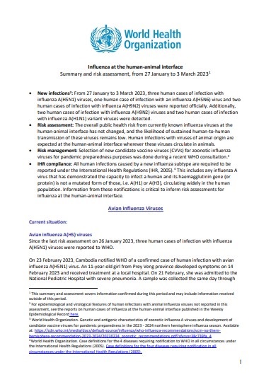 Influenza at the human-animal interface summary and assessment, 3 March 2023