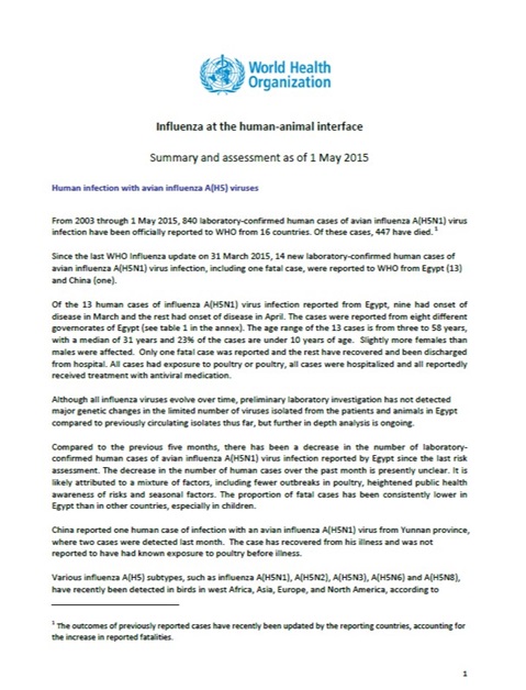 Influenza at the human-animal interface summary and assessment, 23 June 2015