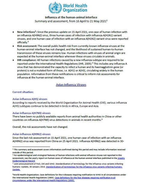 Influenza at the human-animal interface summary and assessment, 21 May 2021