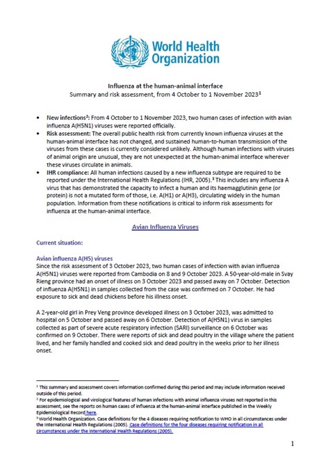 Influenza at the human-animal interface summary and assessment, 1 November 2023
