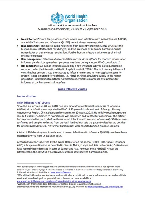 Influenza at the human-animal interface summary and assessment, 21 September 2018