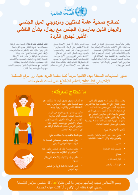 نصائح صحية عامة للمثليين ومزدوجي الميل الجنسي والرجال الذين يمارسون الجنس مع رجال، بشأن التفشي الأخير لجدري القردة