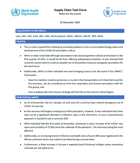 Supply Chain Task Force notes for the record 15 December 2020