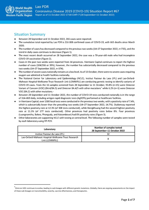 COVID-19 situation report for Lao PDR #67: 11 October 2022