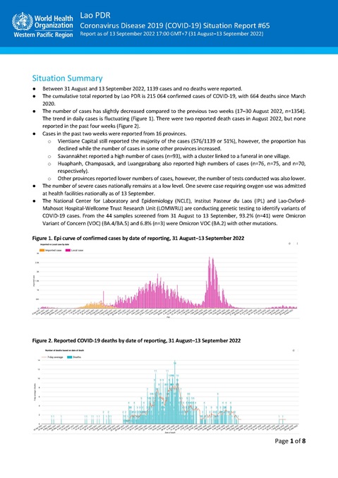 COVID-19 situation report for Lao PDR #65: 13 September 2022