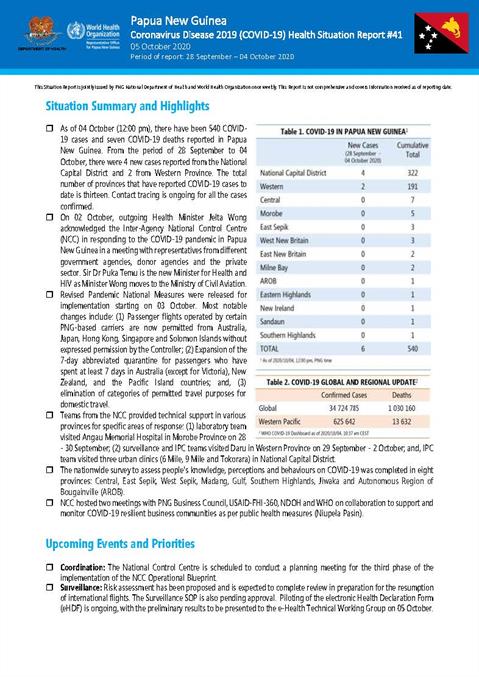 COVID-19 in Papua New Guinea Situation Report 41